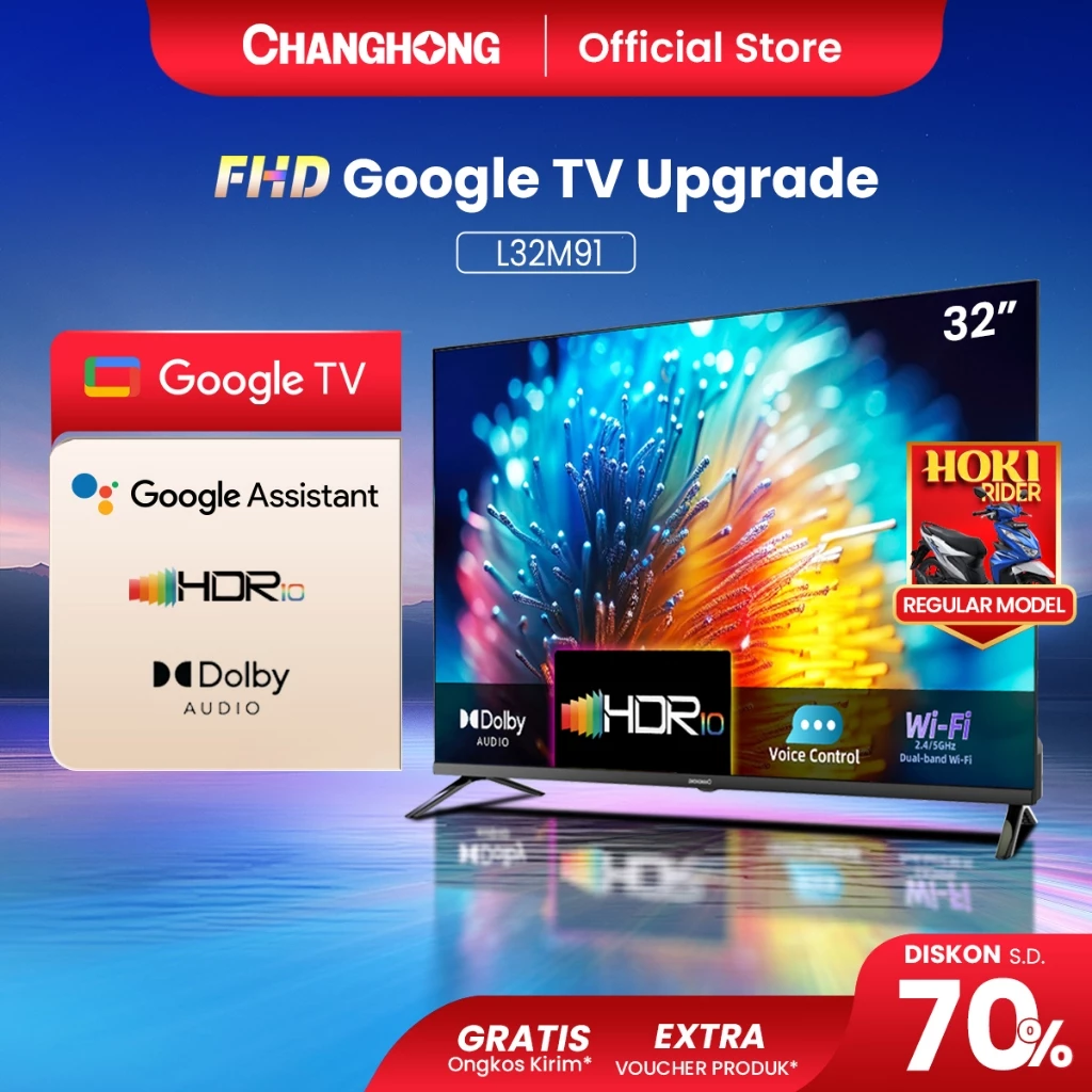 [TV 32 INCH TERLARIS] Changhong Smart TV L32M91 Google 32 inch Dolby Audio Google Play Netflix Youtube Bluetooth USB Google Assistant Smart TV Digital TV Free Vidio (L32M91)