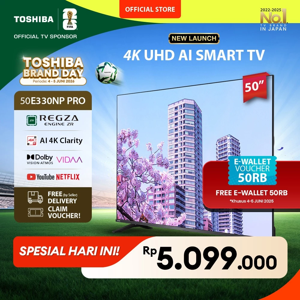[4K] [KHUSUS ONLINE] Toshiba TV 50" 4K UHD Smart TV PRO - Regza ZR Dolby Vision Atmos HDR10+ MEMC VRR ALLM Netflix Disney+ Youtube Apple AirPlay Screen Sharing Voice Control Wifi Bluetooth 5.0 HDMI 2.1 Digital - 50E330NP PRO