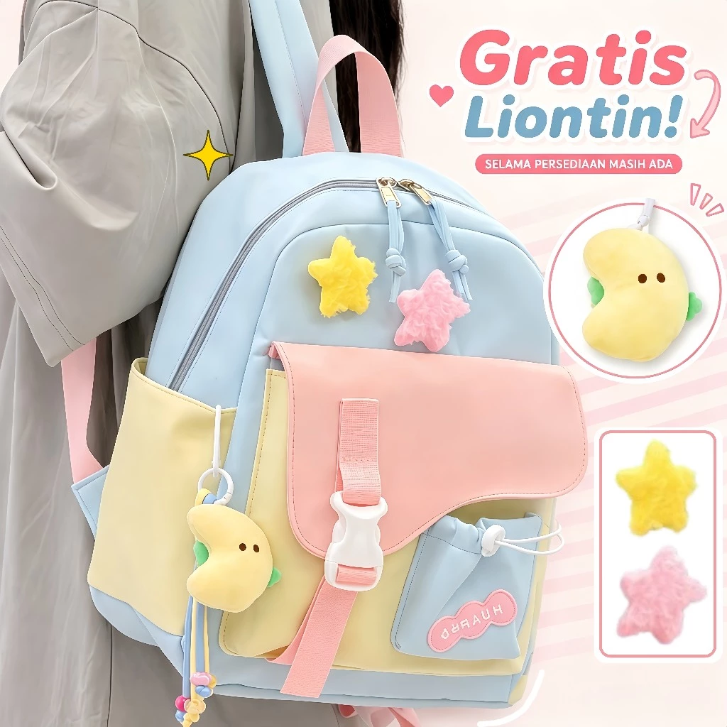 Tas Ransel Korea Aesthetic Wanita Lucu Warna Pastel Kapasitas Besar Backpack Sekolah SMP SMA Kuliah Anti Air Ringan Tas Cewek
