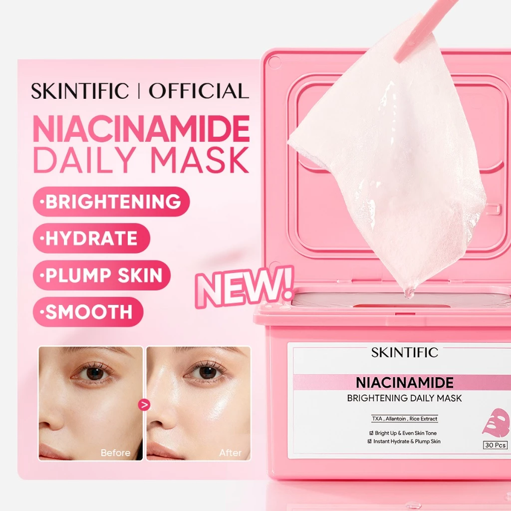 SKINTIFlC -NIACINAMIDE BRIGHTENING DAILY MASK 30sheets|Hydrate Glow sheet masker wajah masker komedo dan pori skincare skintific masker wajah 1box sheetmask 30 days sleeping mask masker mencerahkan wajah kusam clay mask claming pore treatment