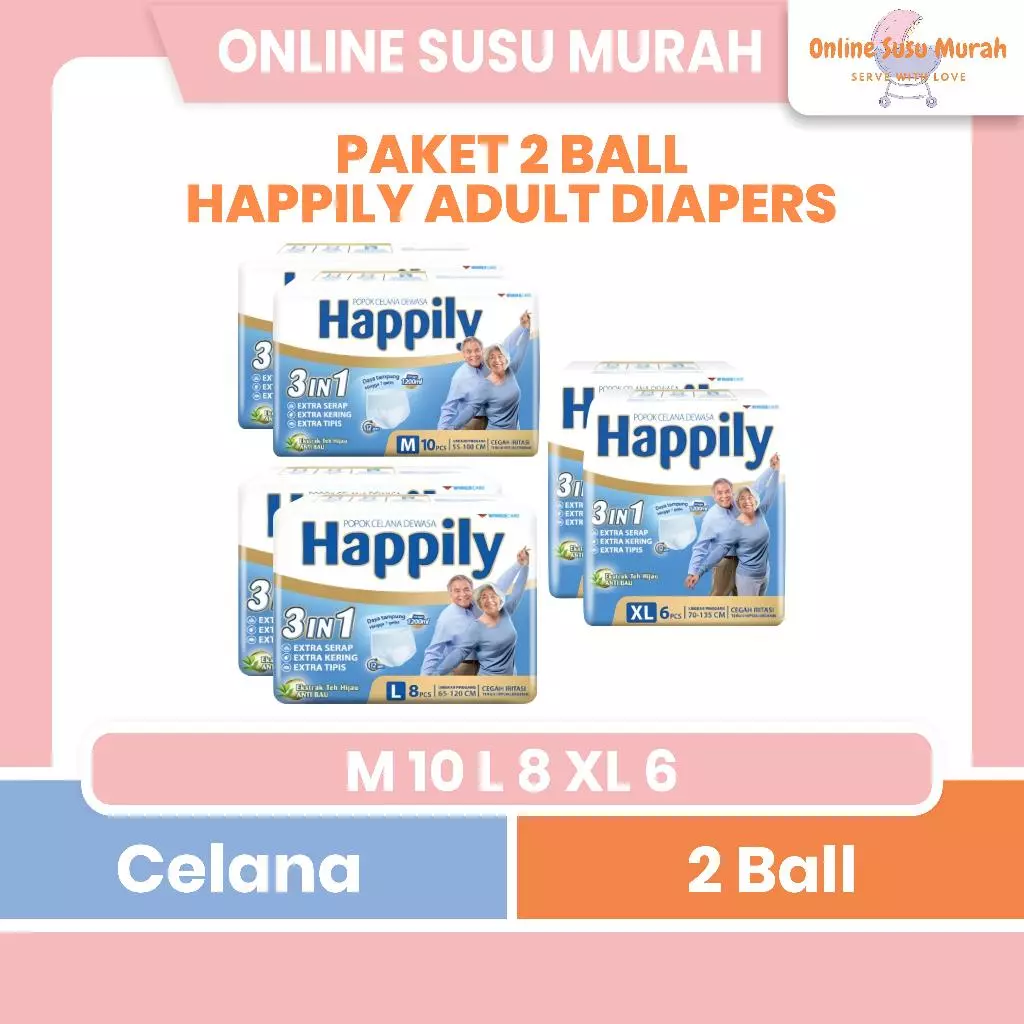 HAPPILY PAKET 2 BALL POPOK CELANA DEWASA 3IN1 M10 L8 XL6 DIAPERS ADULT M 10 L 8 XL 6 PPKS