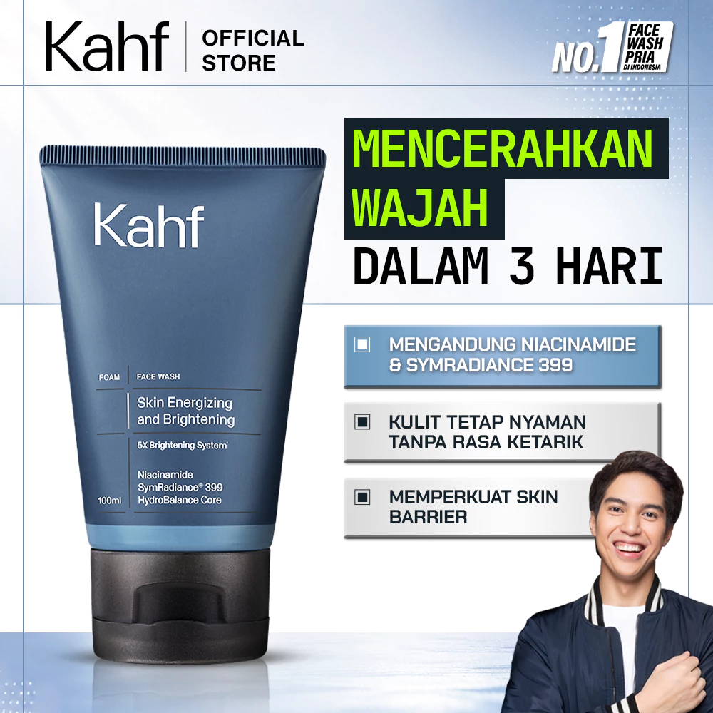 Kahf Face Wash Skin Energizing and Brightening 100 ml - Sabun Cuci Muka Pria Membantu Mencerahkan Wajah - Daily Use, Niacinamide, Symradiance 399, Hydrating Skin Barrier, Moisturizer, Hydration, Lembab, Instan, Oil, Minyak