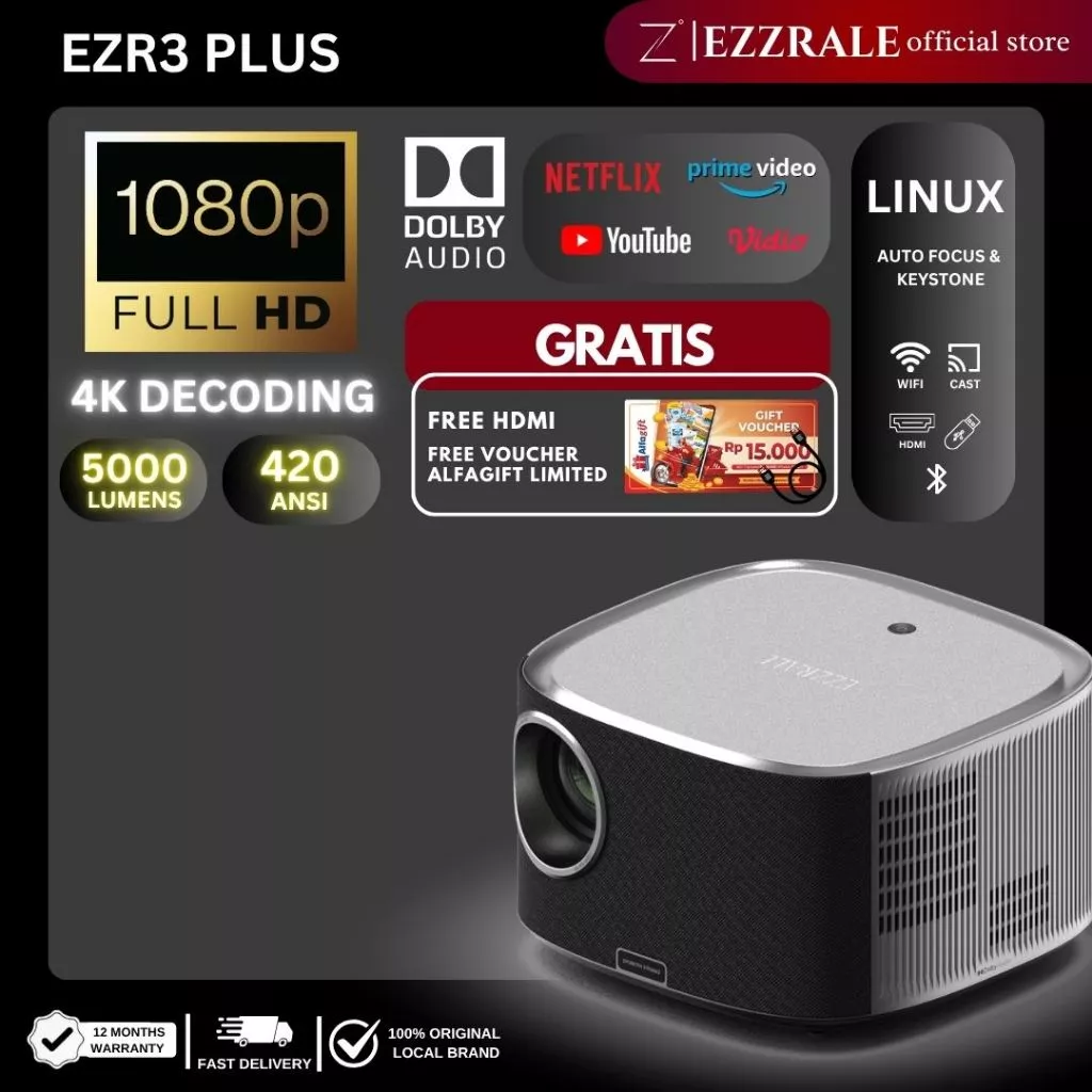 EZZRALE LINUX SMART LCD PROYEKTOR EZR3+ PLUS PROJECTOR CERTIFIED NETFLIX | YOUTUBE | PRIME VIDEO 420 ANSI