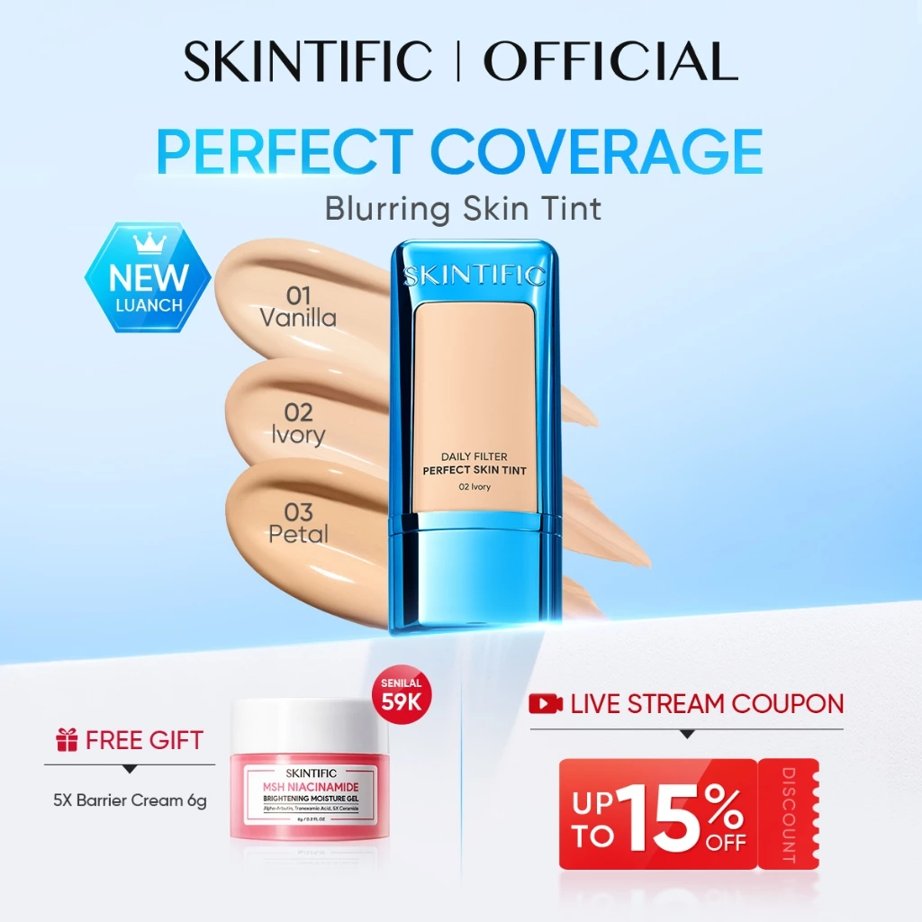 SKINTIFIC - Perfect Coverage Blurring Skin Tint – Cocok Kulit Berminyak/Berjerawat/Semua Jenis – Gampang Oles, Tutupi Noda, Tahan 10 Jam, Hydrasikan, Tidak Tebal Long-lasting oil-control | Foundation, Bedak Tabur, bb cream, make up