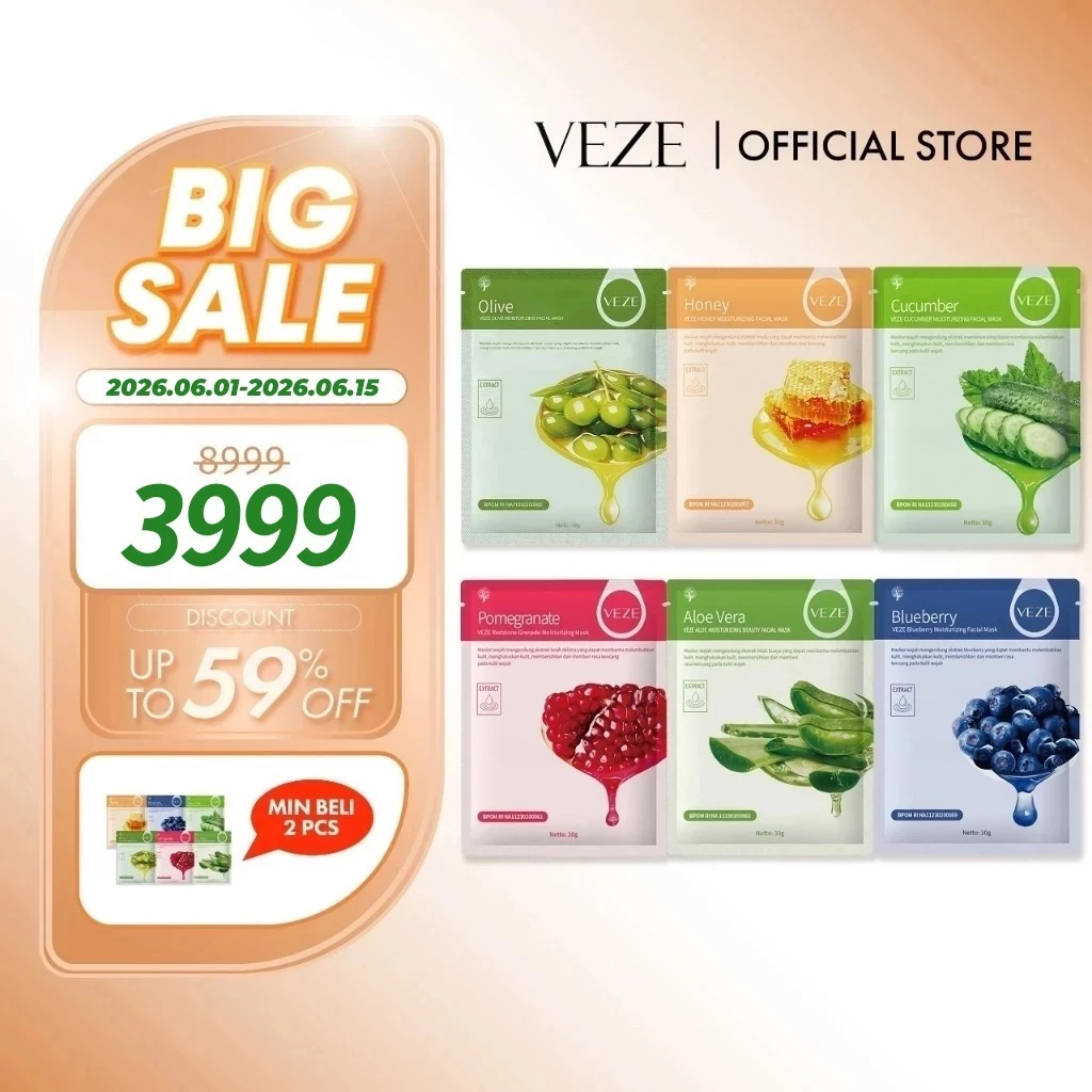 [BPOM] -  VEZE Sheet Mask Korea Masker Wajah Blueberry Aloe Vera Pomegranate Honey Cucumber Olive Treatment Wajah 30g