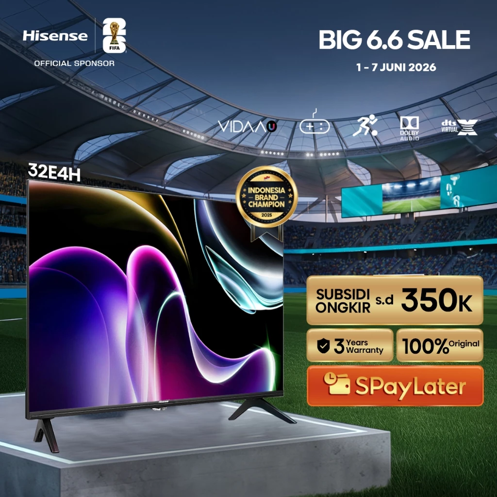 Hisense TV 32E4H Vidaa Smart Digital TV 32 inch HD Desain Bazelles DTS V X & Dolby Audio Youtube/Netflix/Prime Dual Band WIFI/HDMI/USB Remote Standar Easy Casting Noise Reduction Ram 1GB ROM 4GB Television