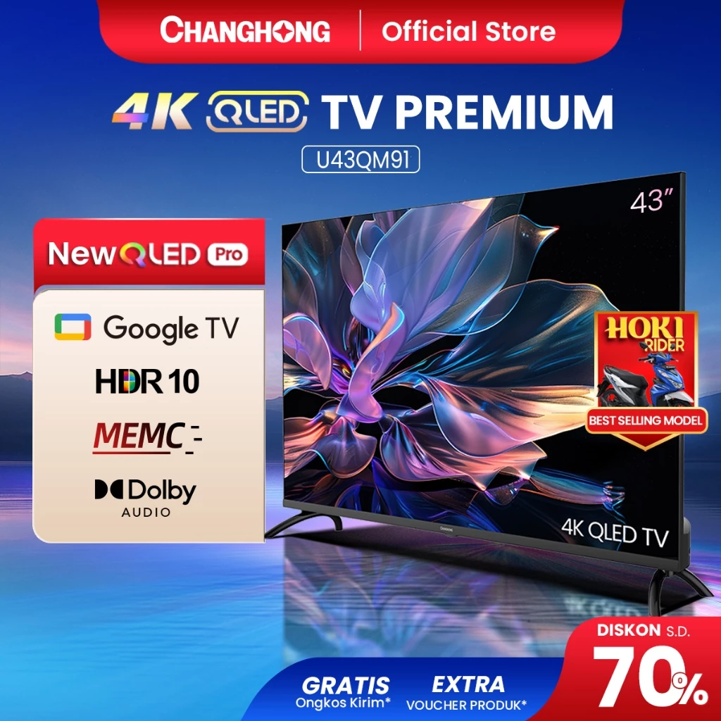 Changhong QLED TV 4K 43 inch Google Smart QLED PRO Digital TV Dolby Audio DBX-TV Google Play Netflix Youtube Bluetooth USB Google Assistant  (U43QM91)
