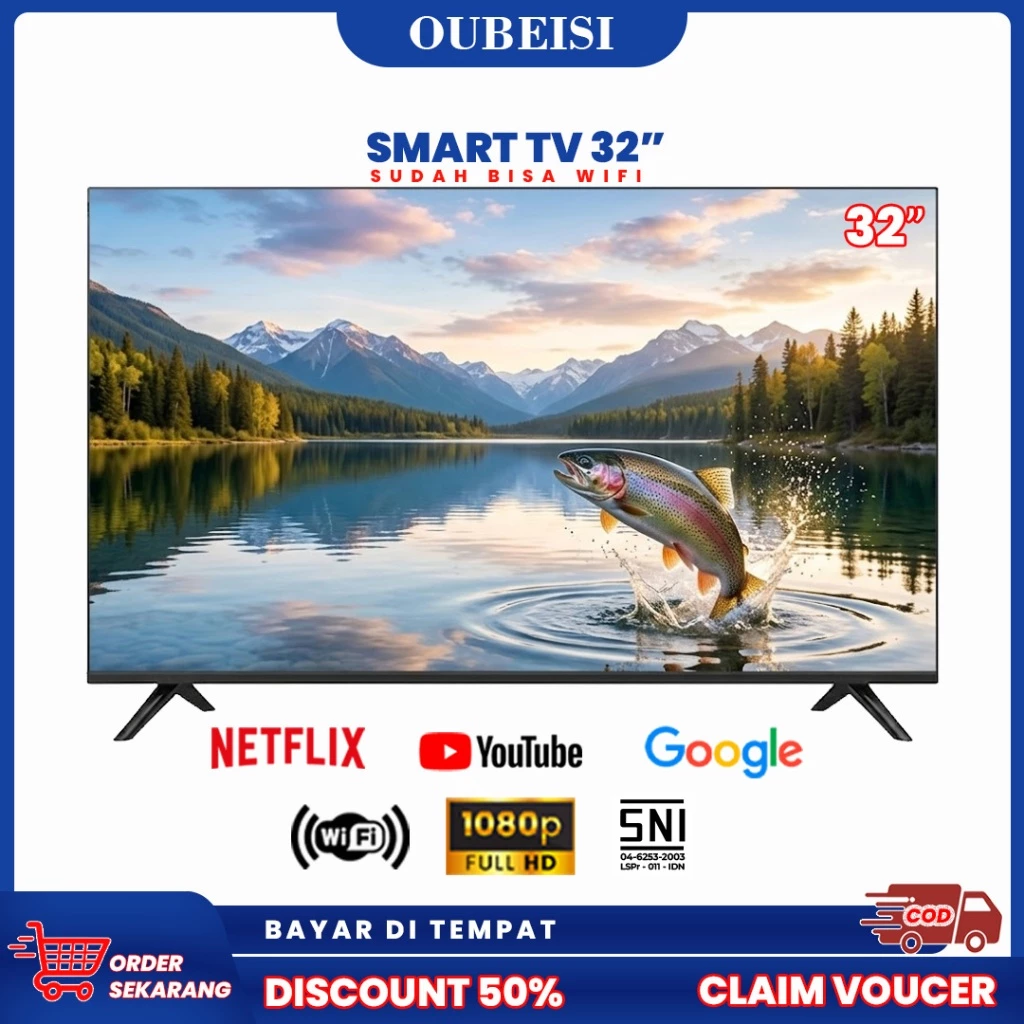 OUBEISI TV LED 32 Inch Smart TV Android 11.0 FHD Resolusi1920x1080 HDMI USB 2 Speaker Internal Garansi 3 Tahun COD Televisi Murah