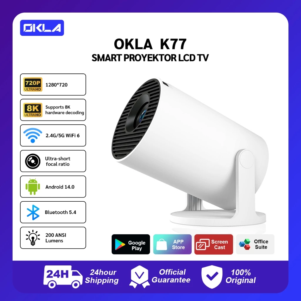 OKLA K77  Smart Projector LCD TV - Proyektor Pintar - 200 ANSI Lumens - TV Android - Fokus Otomatis - Netflix - Google TV - YouTube - Include Kabel HDMI
