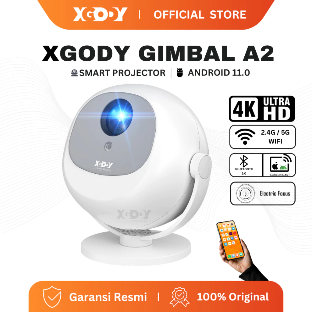 XGODY Gimbal A2 Smart Proyektor LCD -Android11 - HD 720P - Electric Focuse - 2*3W Speaker - 300 ANSI