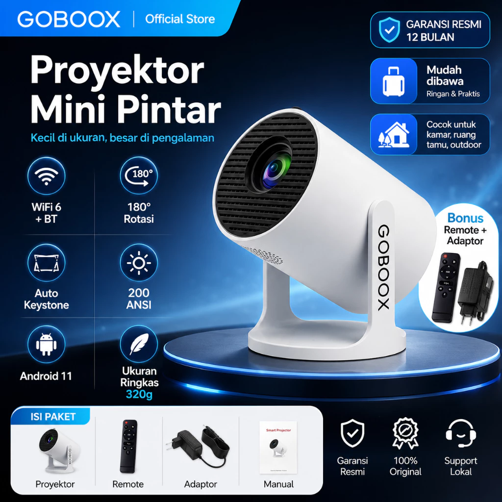GOBOOX 2G+16G Proyektor Android 13.0 4K Full HD WiFi6 With Speaker HIFI Bluetooth 5.4 Type-C YouTube Netflix Infocus LCD Smart Proyektor HP Portable Mini Auto Keystone Wireless Screen Mirroring 170 ANSI