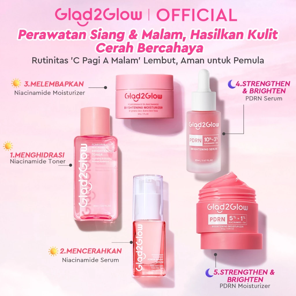 Glad2Glow Day & Night Renew Cerah Bundle 4-IN-1 Moisturizer+Serum Set Brightening 10%Niacinamide Peeling Eksfoliasi Retinol  tone up Pelembab Tubuh Kit Perawatan Kulit Hidrasi Delima Pelembab Wajah Pencerah g2glow official store