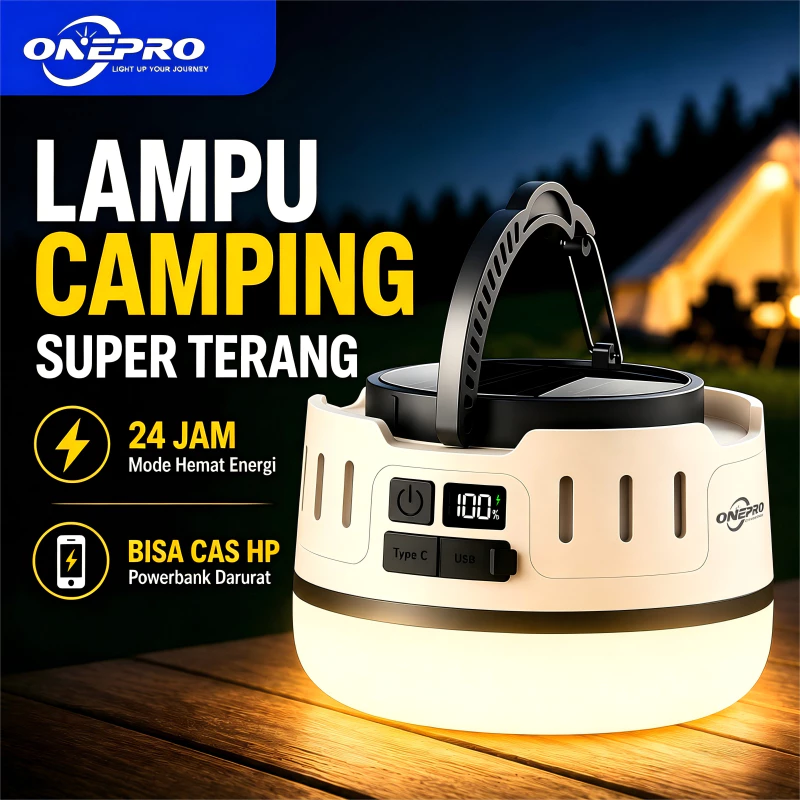 ONEPRO Z30 Lampu Camping LED Lampu Tenda Super Terang 4000mAh Solar Charging Bisa Cas HP Tiga Mode Pencahayaan Putih/Kuning/Biru Es Lampu Emergency Tahan 24 Jam