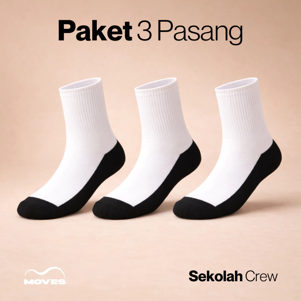 Moves PAKET 3 Pasang Sekolah Crew - Kaos Kaki Sekolah SD SMP SMA Premium Telapak Hitam Halus Menyerap Keringat