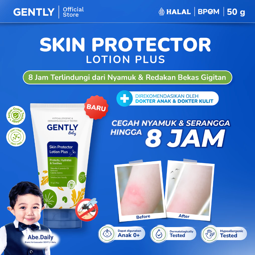 GENTLY Baby Skin Protector Lotion Plus 50gr - Anti Nyamuk Bayi Citronella | Lotion Anti Nyamuk 8 Jam untuk Bayi & Anak | Cream Anti Nyamuk