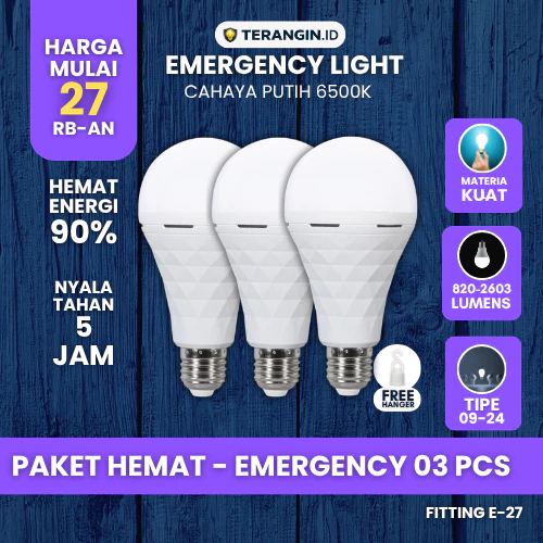 Paket Hemat 3 PCS Lampu Emergency LED TIPE 09 /12 / 18 /24  Cahaya Putih SNI e27 Tahan 5 jam