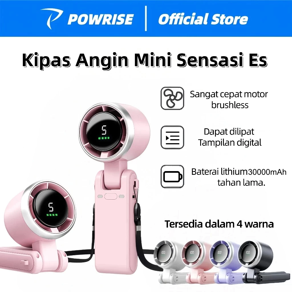 POWRISE Kipas Angin Mini Portable USB 30000mAh Kipas Lipat 5-Speed Wind LED Display Dengan Untuk kipas angin portable turbo