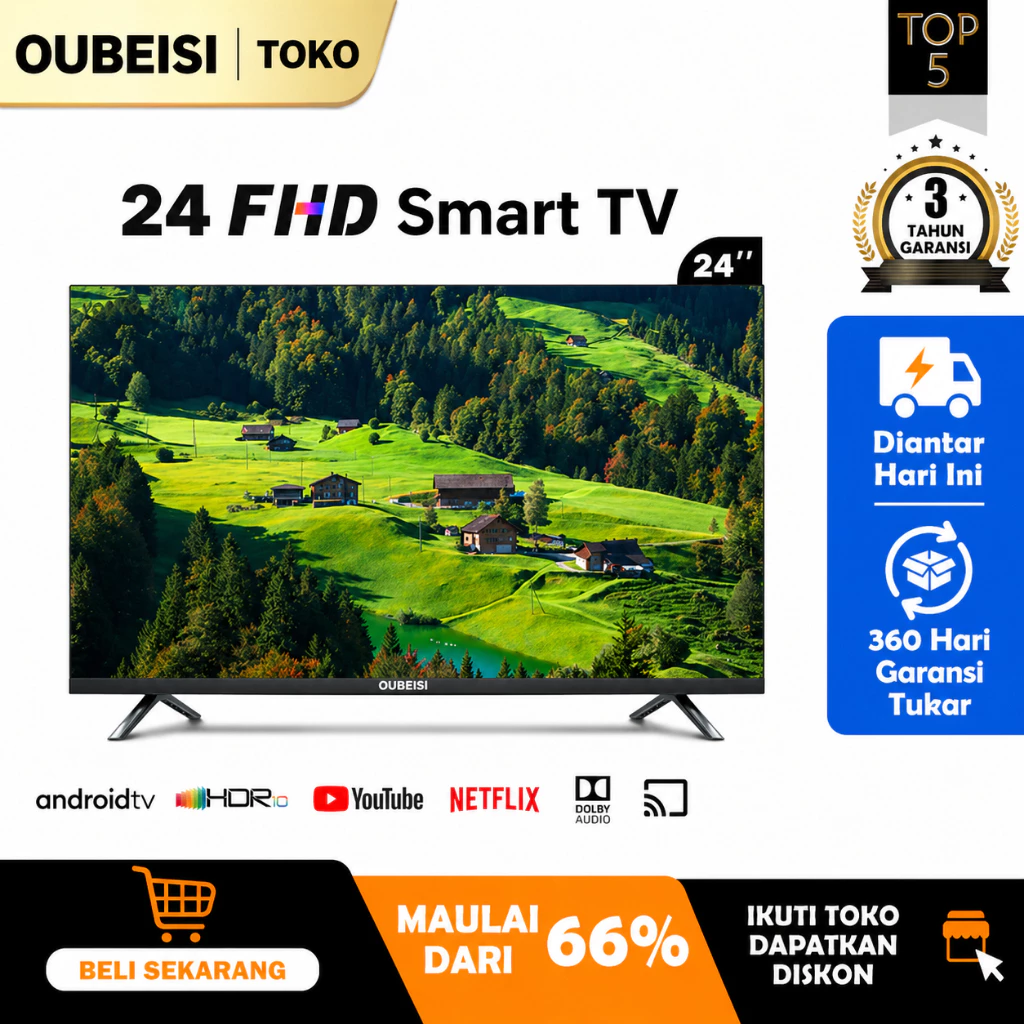 OUBEISI Smart TV 24 Inch TV Android 14.0 FHD 2K | HDR10 | DBX-TV | MEMC | Dolby AUDIO |  Google Play | Miracast