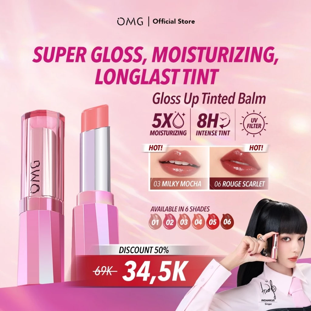 OMG OH MY GLAM Gloss Up Tinted Lip Balm 3.5 g – Hydrating Color Butter Lip Balm, Warna Intens, Tahan Lama Hingga 8 Jam, Tidak Lengket