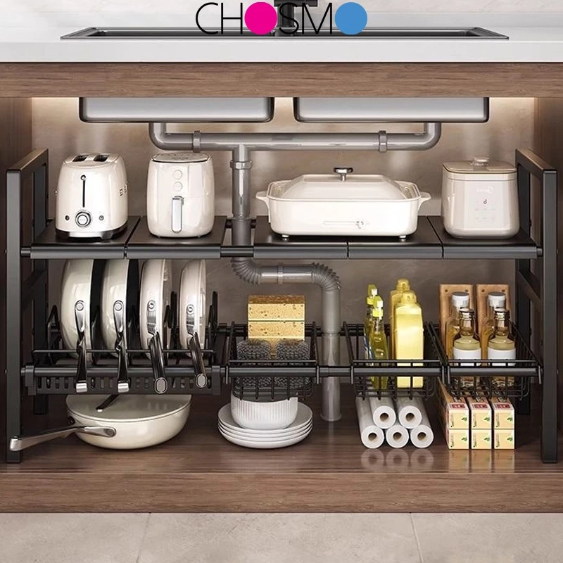 Rak Penyimpanan Dapur Rak Serbaguna Dapur Bawah Sinki Stainless Steel yang Dapat Diperluas