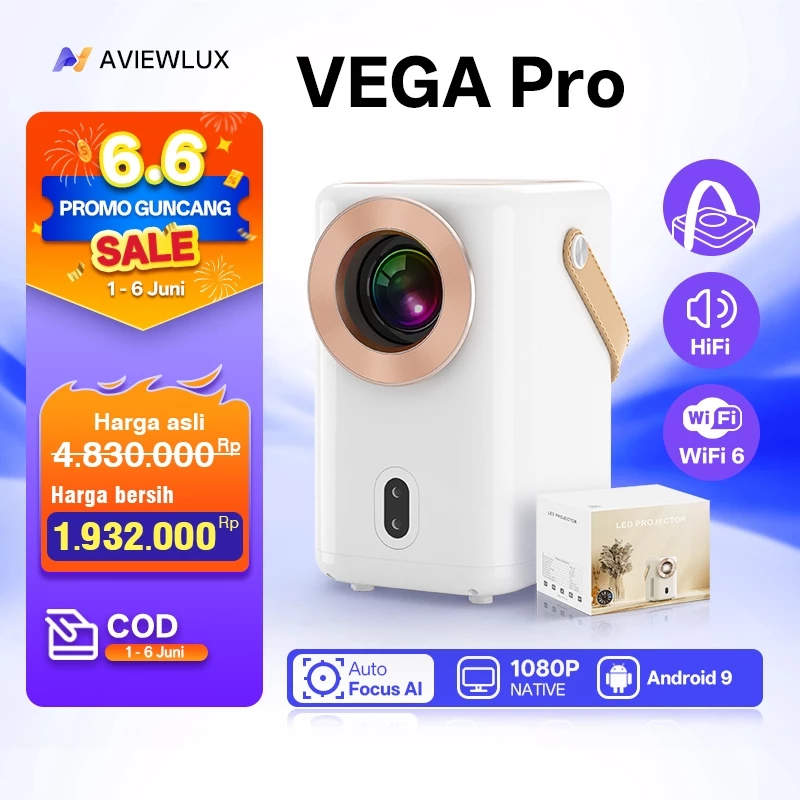 AVIEWLUX VEGA Pro Smart Proyektor LCD - Android 9 - 4K Full HD 1080P - 700 ANSI - WiFi 6 - Bluetooth 5.2 - Auto Focus Keystone - HiFi Sound Projector-LCD-netflix-youtube-kabel hdmi laptop ke proyektor-home theater