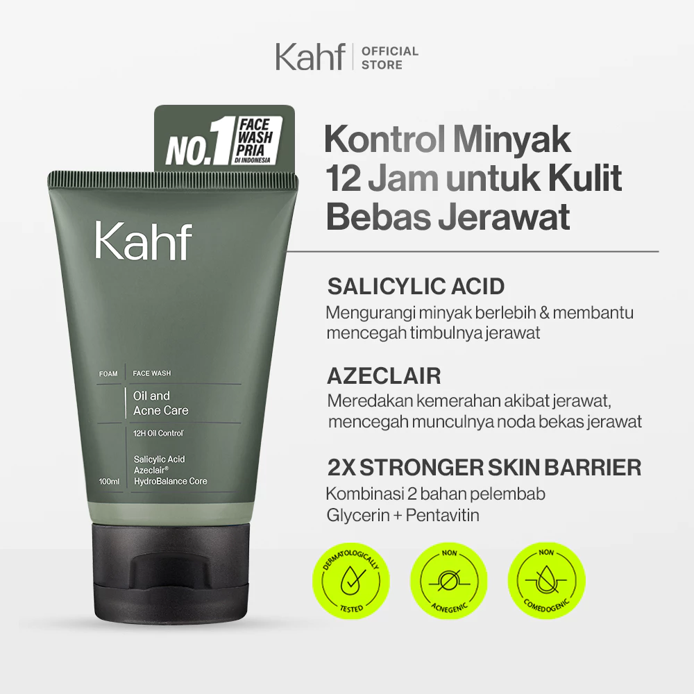 Kahf Face Wash Oil and Acne Care 100 ml - Sabun Cuci Muka Pria untuk Membantu Lawan Jerawat dan Kontrol Minyak - Daily Use, Salicylic Acid, Hilangkan Prone, Bekas Beruntusan, Hydrating, Calm, Menenangkan, Hydration, Control