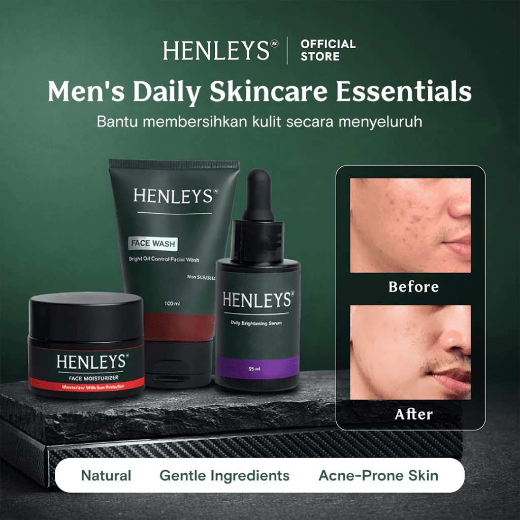 Henleys Men’s Daily Skincare Essentials | Facial Wash | Moisturizer | Brightening Serum | Membersihkan Wajah, Mencerahkan, Melembabkan Kulit, Melindungi dari Sinar UV