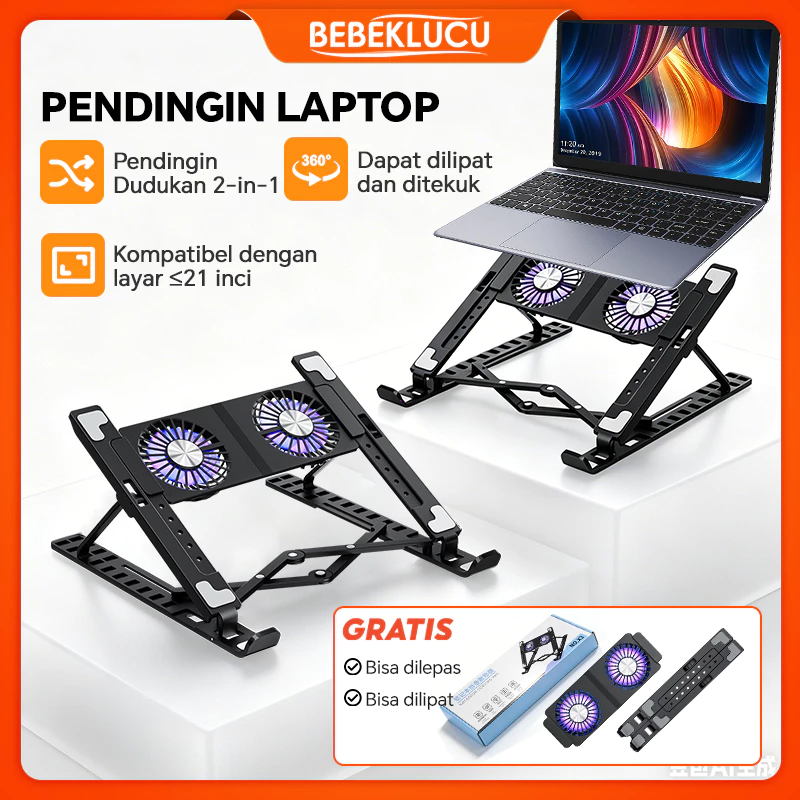 Dudukan Laptop Pendingin 2 Kipas Angin Lipat Portable 10 Level Tinggi Disesuaikan Anti Selip