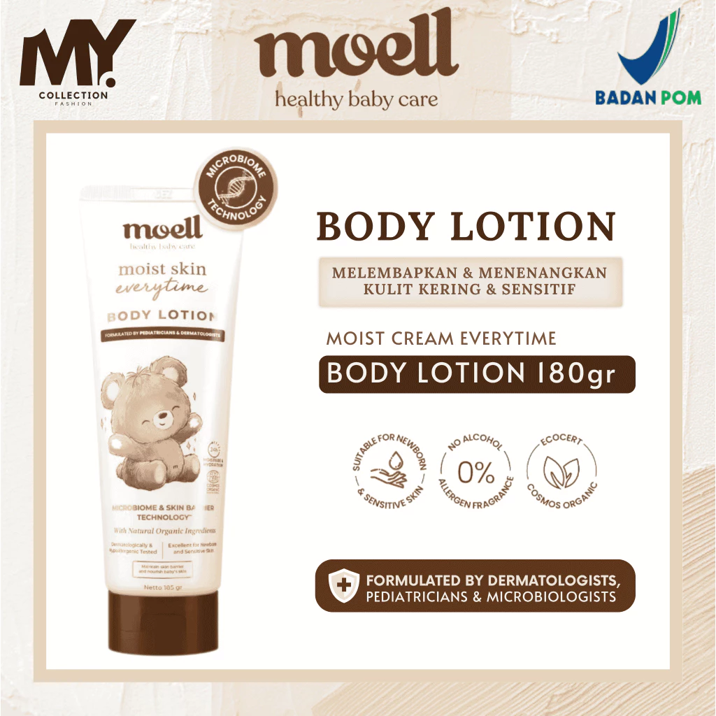 Moell Body Lotion Bayi 185gr - Melembapkan Kulit Badan Anak - Kulit Kering dan Sensitif - Pelembap Bayi Anak Daily Use - Sensitif Kering Ruam - Skincare Bayi Formulasi Dokter dengan Microbiome Teknologi - Skincare Anak - BODY LOTION 185gr
