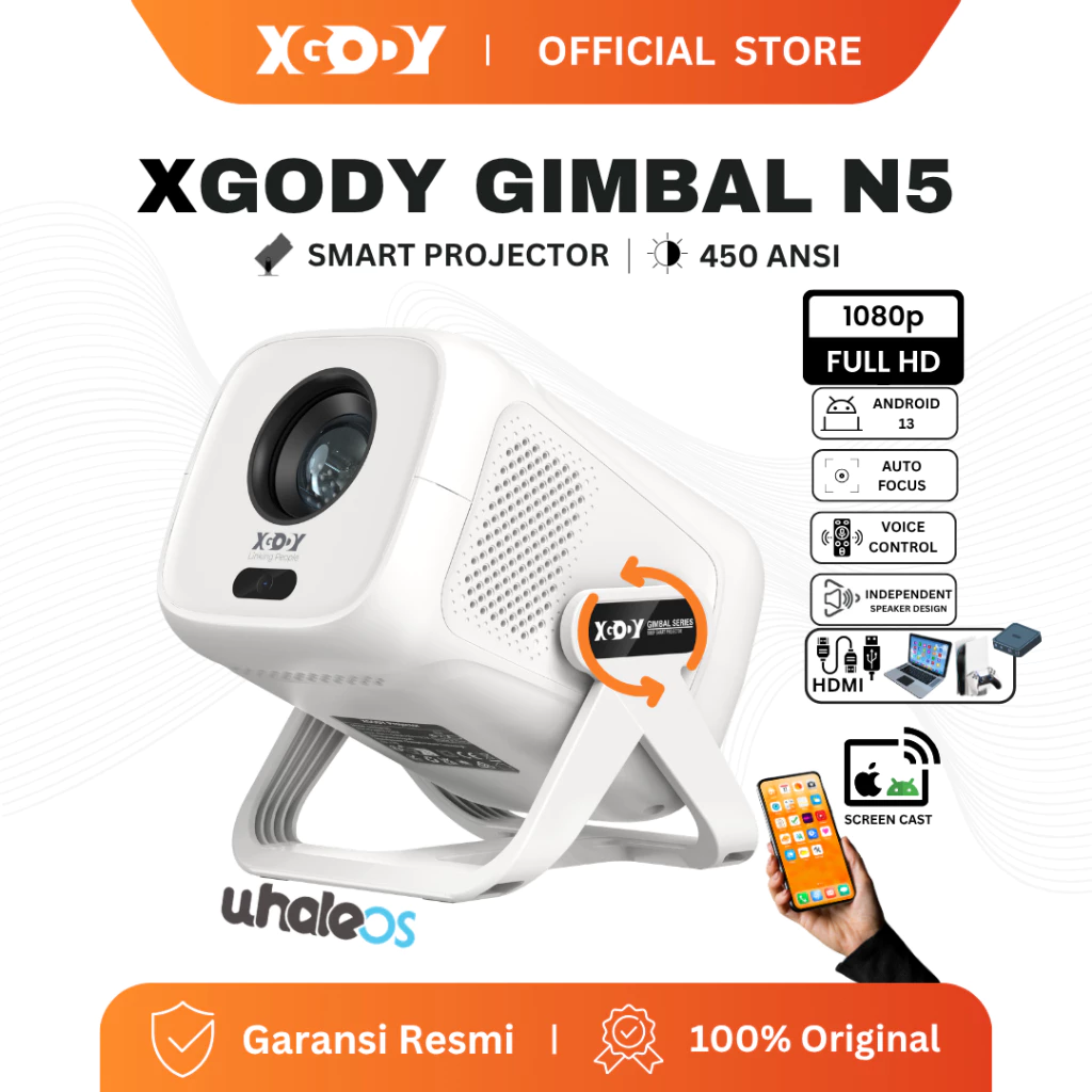 XGODY Gimbal N5 Smart Proyektor LCD - FHD 1080P-WhaleOs3.0 System-Voice Control-450ANSI-Dolby Audio