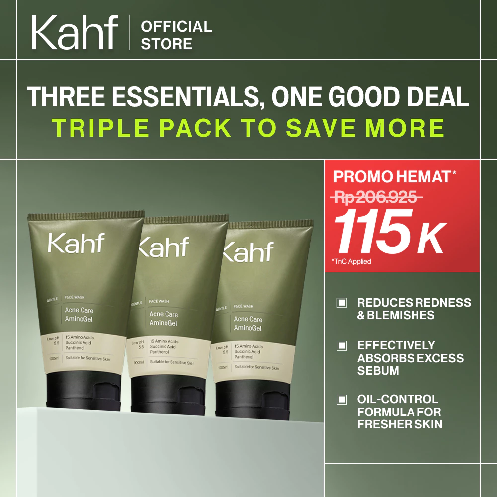 [KAHF BUNDLE 3IN1 PAKET FACIAL WASH] Triple Pack Face Wash 100 ml - Sabun Cuci Muka Pria Brightening, Acne, Oily, Comedo, Sensitive Skin - Wajah Glowing, Jerawat Hilang, Bebas Minyak - Gentle Cleanser Low pH for Daily Use