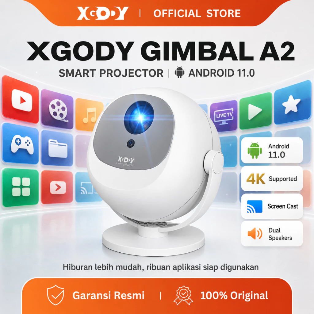 XGODY Gimbal A2 Smart Proyektor LCD -Android11 - HD 720P - Auto Keystone - 2*3W Speaker - 300 ANSI