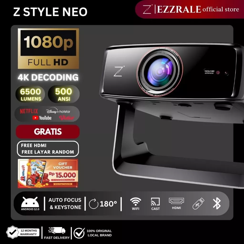 EZZRALE Smart Proyektor LCD Android Z-STYLE NEO Full HD 1080P 500 ANSI Android 12 Projector  4k Ultra HD Decoding