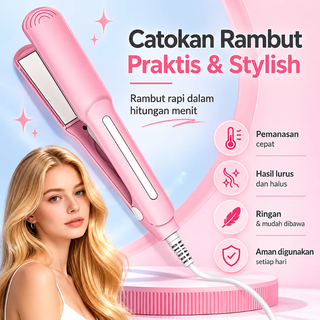 Catokan Pelurus & Keriting Portable untuk Kamar Kos Alat Penata Rambut
