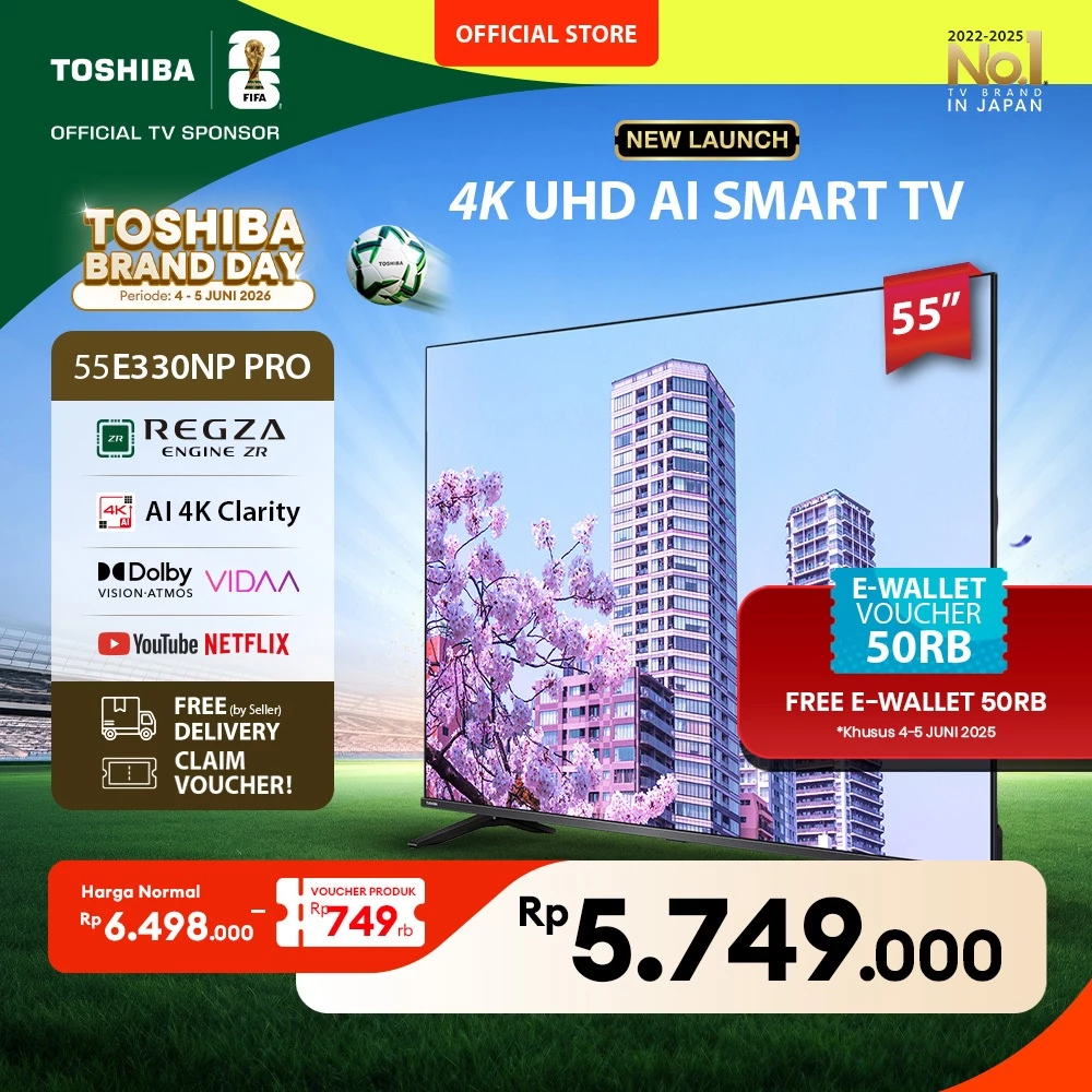 [4K] [KHUSUS ONLINE] Toshiba TV 55" 4K UHD Smart TV PRO - Regza ZR Dolby Vision Atmos HDR10+ MEMC VRR ALLM Netflix Disney+ Youtube Apple AirPlay Screen Sharing Voice Control Wifi Bluetooth 5.0 HDMI 2.1 Digital - 55E330NP PRO