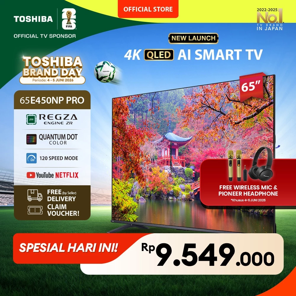 [AI 4K QLED] [KHUSUS ONLINE] Toshiba TV 65" 4K UHD QLED AI Smart TV PRO - Regza ZR Quantum Dot Dolby Vision Atmos Far Field Voice HDR10+ MEMC VRR ALLM Netflix Disney+ Youtube Screen Sharing Voice Control Wifi Bluetooth 5.0 HDMI 2.1 Digital - 65E450NP PRO
