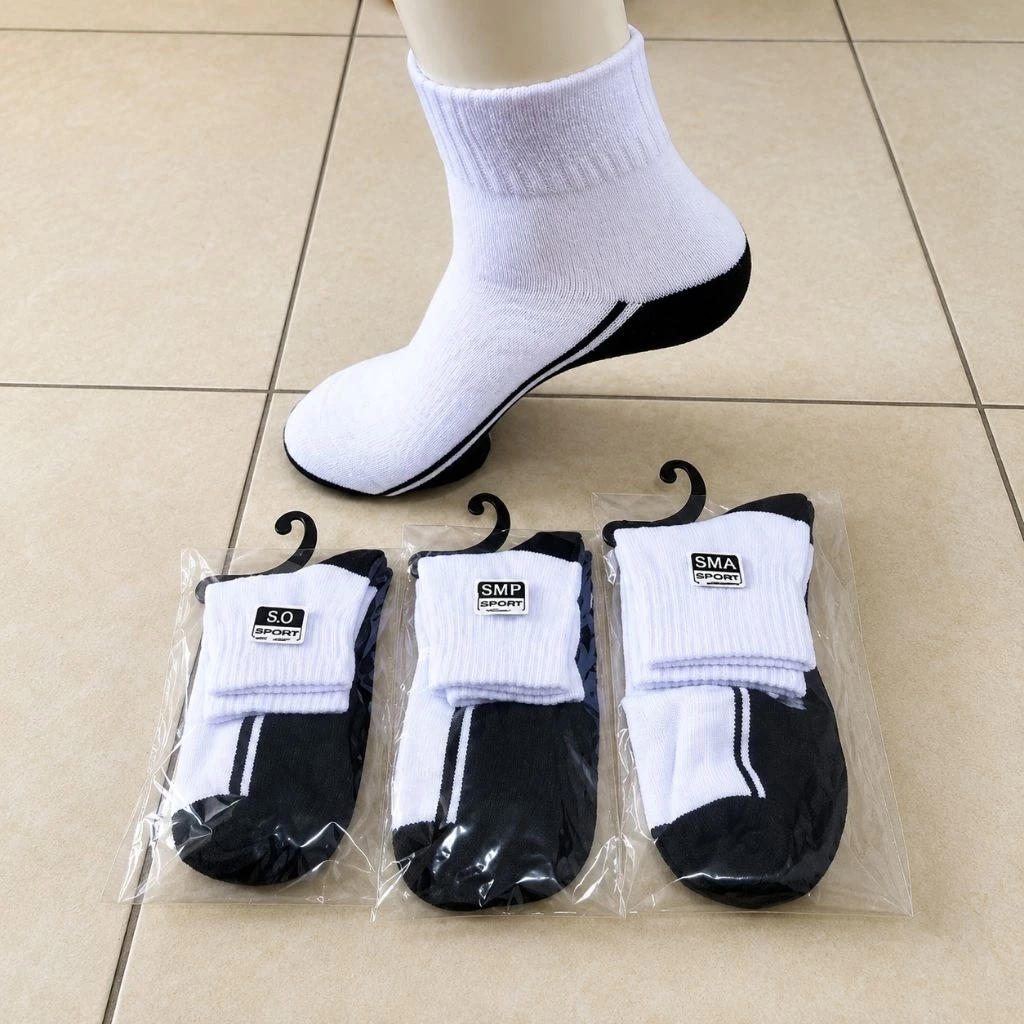 Paket Murah !!! 3 Pasang Dan 6 Pasang Kaos Kaki Sekolah Pendek Putih Telapak Hitam Model Sport