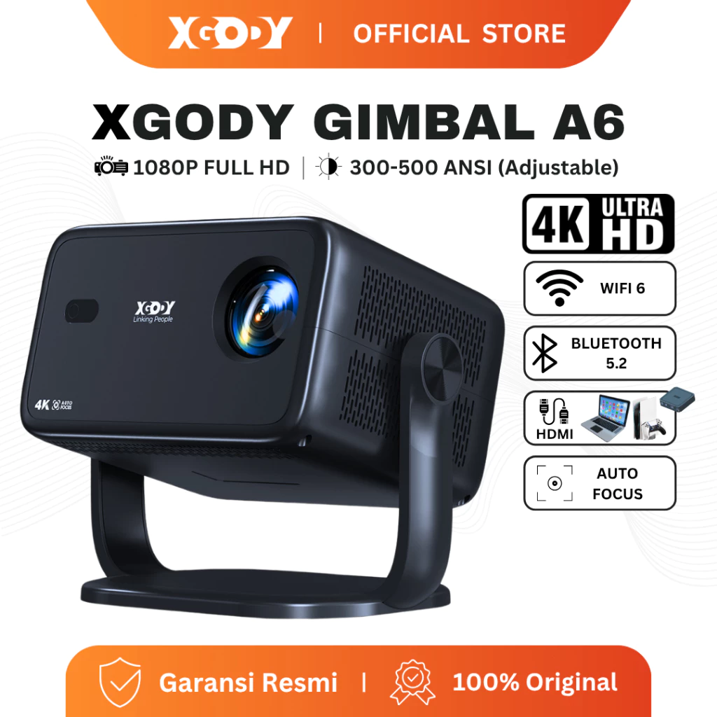 XGODY Gimbal A6  Smart Proyektor LCD - Android 11 - FHD 1080P - AUTO Focuse - Eye Protection - 500 ANSI