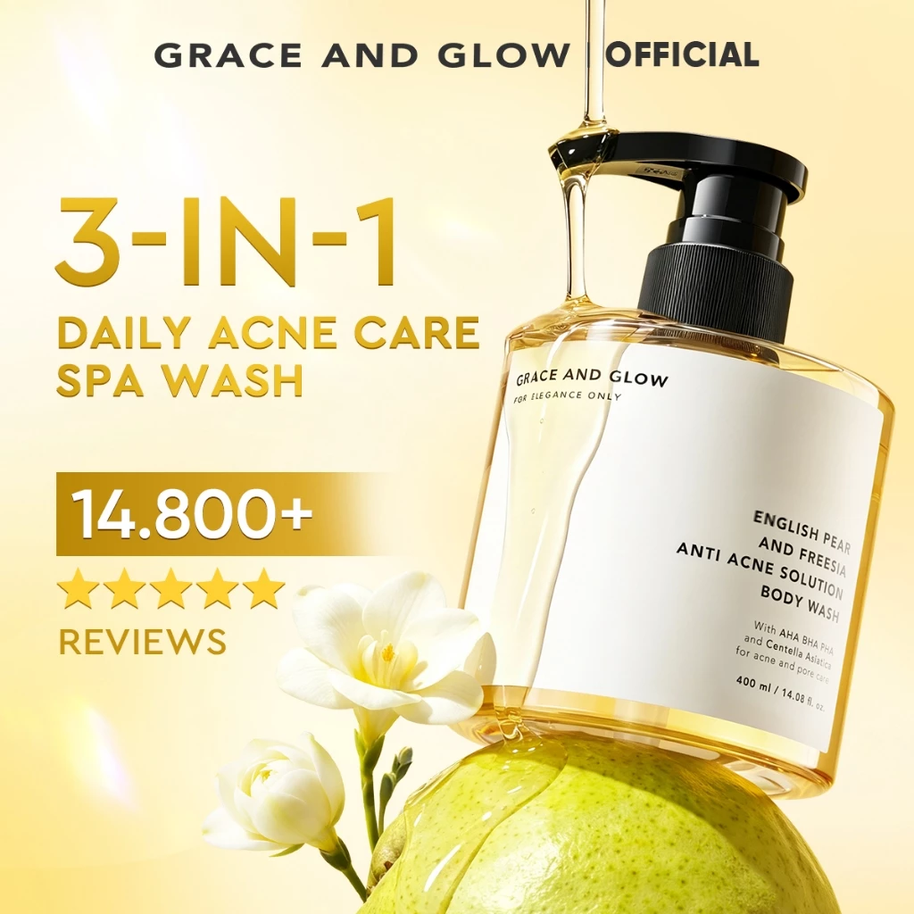 Grace and Glow English Pear and Freesia Anti Acne Body Wash | Shower Gel | Sabun Mandi Cair untuk Mengurangi Jerawat Punggung with AHA BHA PHA + Centella Asiatica