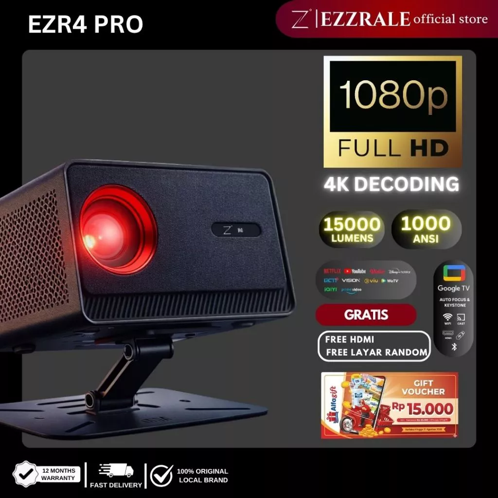 EZZRALE EZR4 PRO SMART LCD PROYEKTOR GOOGLE TV CERTIFIED 1080P  4k Ultra HD Decoding