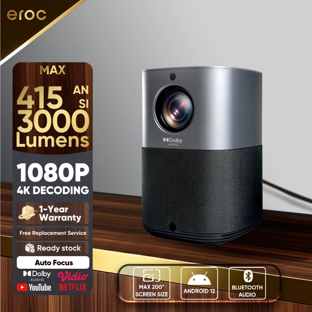 EROC Smart Proyektor - Android Proyektor - 415 ANSI - FHD 1080P -  Up to 200inch - Dolby Audio - Bulit-in speaker 3W*2 - MAX