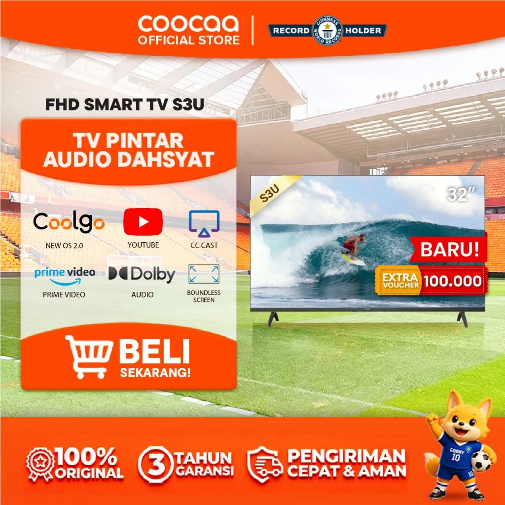 COOCAA 32 inch S3U Smart TV - Digital TV - Dolby Audio - Youtube - Mirroring -  Flick Free - Boundless  - WIFI - HD - USB/AV/LAN - OS Coolita (COOCAA 32S3U)