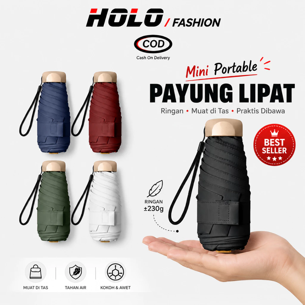 HOLO Payung Lipat Mini Anti UV 50+ Anti Hujan Portabel Umbrella Polos Terbaru 2026