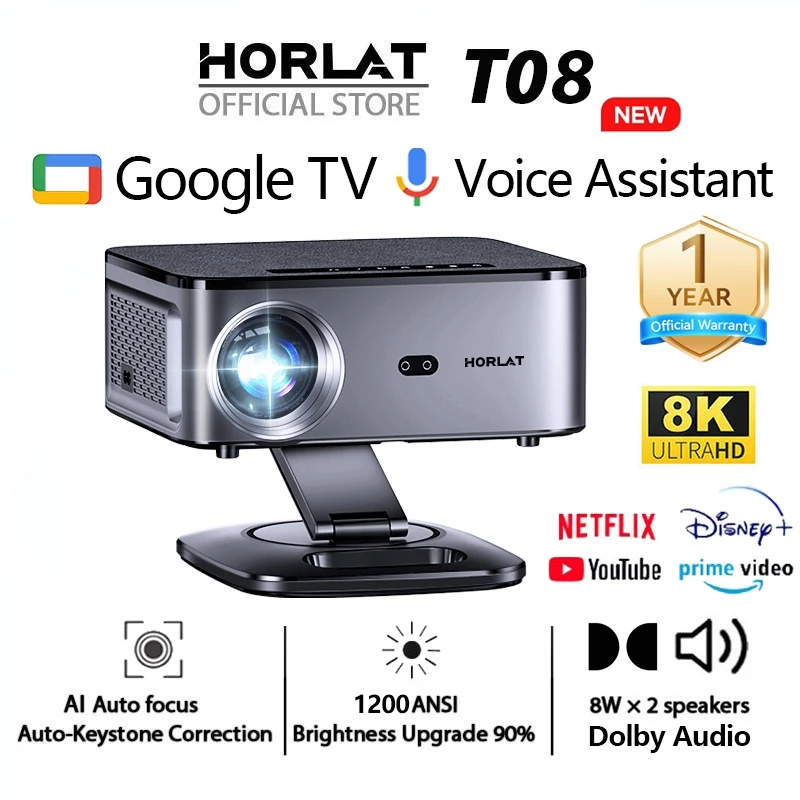 Horlat T08 Smart Proyektor 8K HighBright 1200ANSI Netflix resmi-Google TV-Kontrol suara-16W Dolby Audio