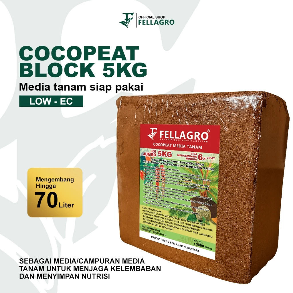 FELLAGRO COCOPEAT BLOK LOW EC 5KG DAN 5KG PLUS PUPUK BIOTREE, MEDIA TANAM ORGANIK SIAP PAKAI