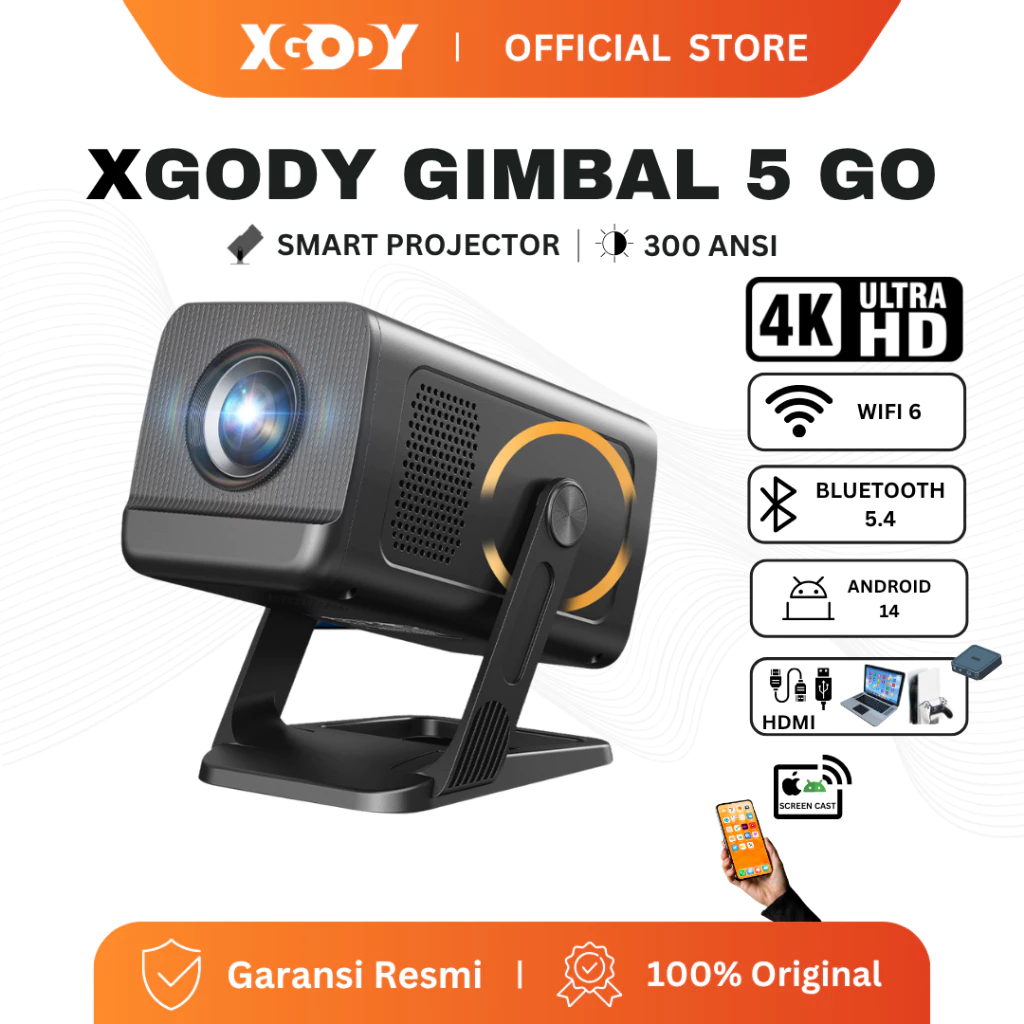 XGODY Gimbal 5 GO Smart Proyektor LCD - Android 14 - 720P - Built-in Speaker - Netflix - YouTube - 300ANSI
