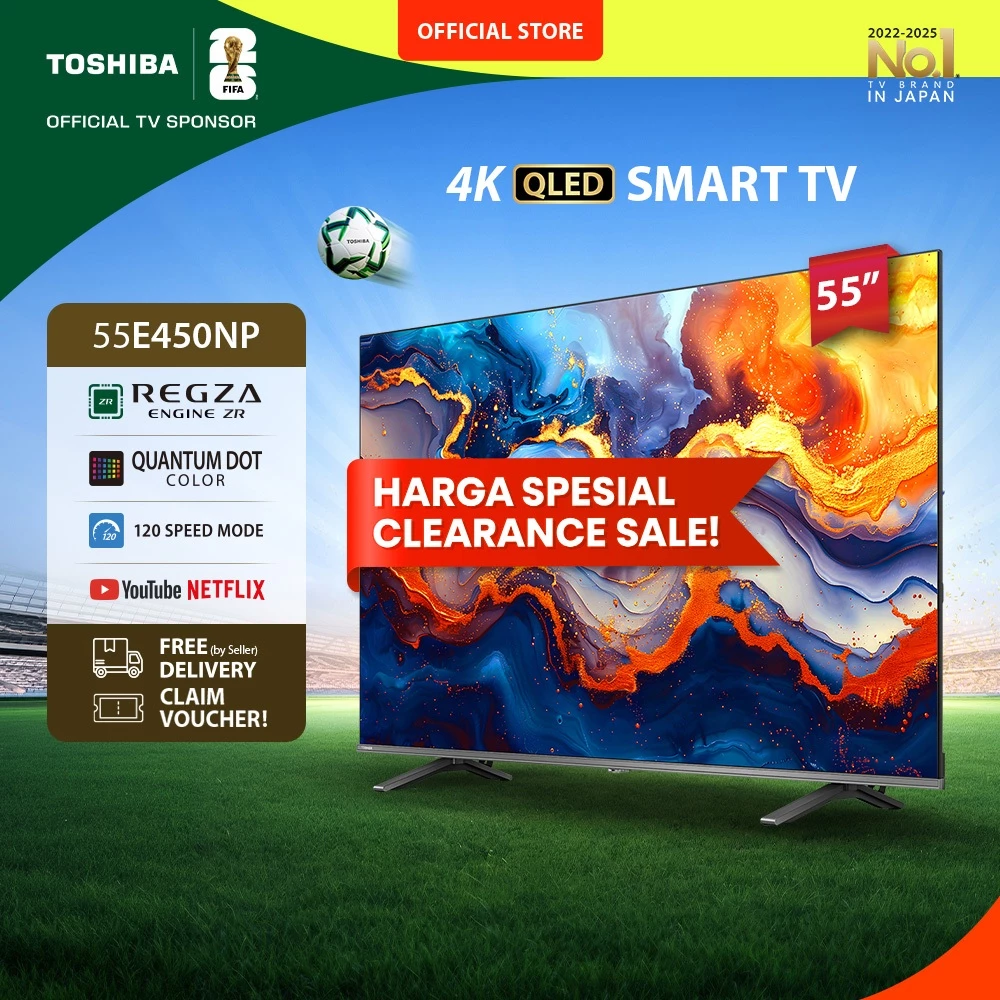 [4K QLED] [KHUSUS ONLINE] Toshiba TV 55" 4K UHD Smart TV - Regza ZR Quantum Dot QLED Dolby Vision Atmos HDR10+ MEMC VRR ALLM Game Deck Netflix Disney+ Youtube Screen Sharing Voice Control Wifi Bluetooth 5.0 HDMI 2.1 Digital - 55E450NP