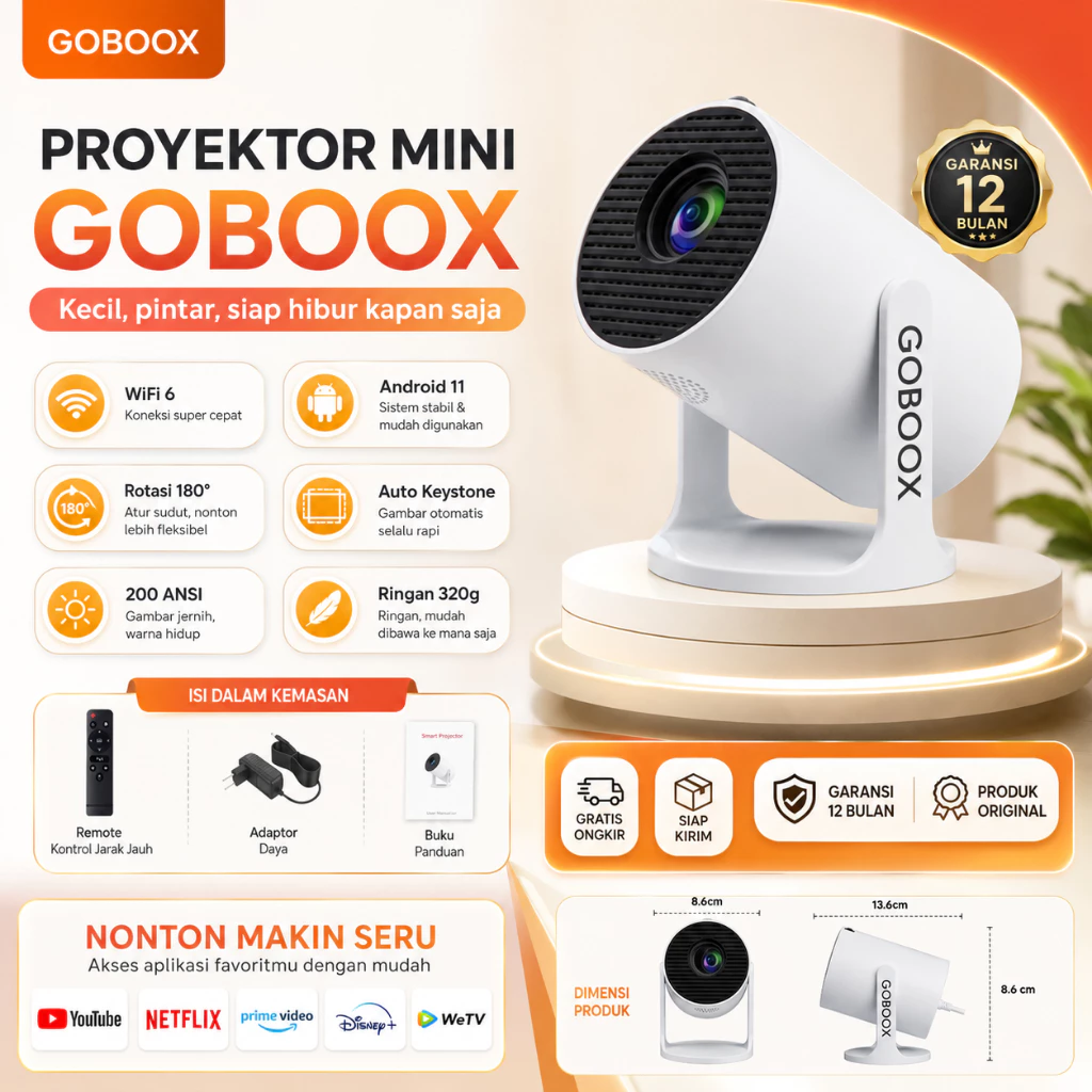GOBOOX Proyektor Android 13.0 4K Full HD 2G+16G WiFi6 Bluetooth 5.4 Infocus Smart Proyektor Portable Mini Auto Keystone YouTube Netflix Stereo HiFi 270 ANSI Screen Mirroring