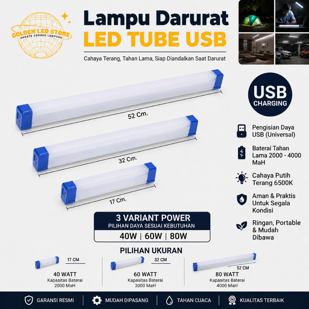 GLS - Lampu Darurat LED Tube USB Rechargeable 40W 60W 80W Cahaya Putih 6500K Emergency Lamp Portable