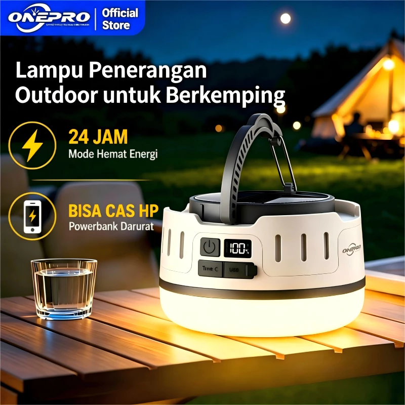 ONEPRO Z30 Lampu Camping LED Lampu Tenda Super Terang 4000mAh Solar Charging Bisa Cas HP Tiga Mode Pencahayaan Putih/Kuning/Biru Es Lampu Emergency Tahan 24 Jam